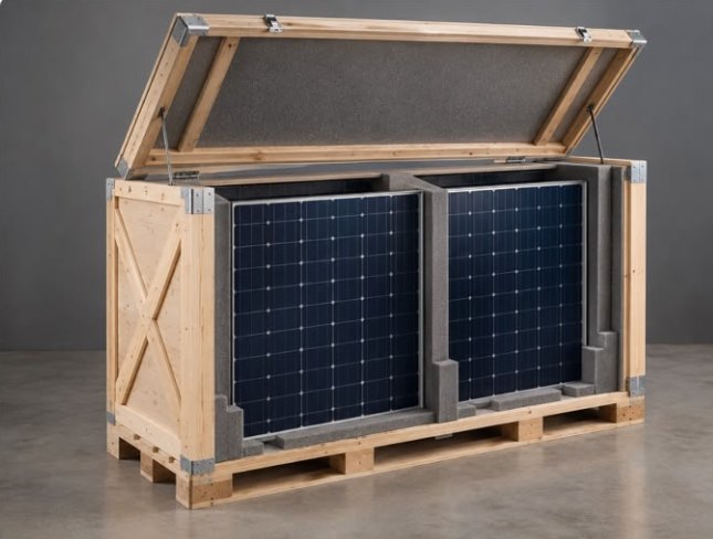 Customised wooden box pallet with foam partitions holding solar panels upright